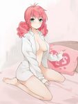  barefoot bed_sheet blush breasts feldt_grace full_body green_eyes gundam gundam_00 long_hair medium_breasts naked_shirt open_clothes open_shirt pink_hair plum_(arch) shirt siblings sitting solo wariza yes yes-no_pillow 