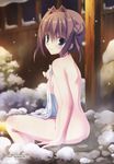  absurdres asakura_yume ass breasts brown_hair covering da_capo da_capo_ii green_eyes hair_bun hair_intakes highres nude nude_cover onsen sideboob sitting small_breasts snow snowing tanihara_natsuki towel 