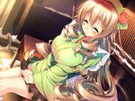  1girl amakano blush breasts brown_hair cup eyes_closed game_cg hoshikawa_koharu large_breasts long_hair piromizu smile 