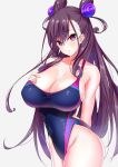  1girl bangs bare_shoulders black_hair blue_swimsuit blush breasts cleavage collarbone covered_navel eyebrows_visible_through_hair fate/grand_order fate_(series) hair_ornament hand_on_own_chest highleg highleg_swimsuit highres hips large_breasts long_hair looking_at_another murasaki_shikibu_(fate) parted_lips purple_eyes sankakusui simple_background solo swimsuit 