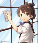  blouse bottle brown_eyes brown_hair cleaning downscaled hair_ribbon high_ponytail jpeg_artifacts kantai_collection looking_at_viewer maruki_(punchiki) md5_mismatch open_mouth ponytail resized ribbon sailor_collar shikinami_(kantai_collection) sleeves_folded_up solo spray_bottle twitter_username window wiping 