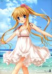  :d absurdres air blonde_hair blue_eyes breasts camisole casual cleavage dress highres hinoue_itaru huge_filesize kamio_misuzu long_hair looking_at_viewer medium_breasts official_art open_mouth outstretched_arms ponytail smile solo spread_arms sundress very_long_hair white_dress 