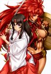  abs black_hair earrings highres jewelry katana long_hair miko multiple_girls muscle official_art purple_eyes queen&#039;s_blade queen's_blade red_hair risty shield standing sword tomoe weapon 