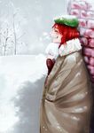  bare_tree beret blue_eyes breath closed_eyes coat colored_eyelashes from_side fur_trim hat head_on_head hong_meiling izayoi_sakuya laughing mittens multiple_girls open_mouth outdoors profile red_hair shared_clothes silver_hair snow snowing star tin994 touhou tree winter winter_clothes winter_coat 