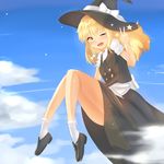  absurdres bad_id bad_pixiv_id blonde_hair bow day hat hat_bow highres kirisame_marisa one_eye_closed open_mouth septet_(zrca_janne) sky solo star touhou v white_bow witch_hat yellow_eyes 