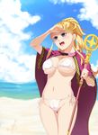  :o absurdres arm_up bangs beach bikini blonde_hair blue_eyes blunt_bangs blush breasts cameltoe cape cleavage cloud covered_nipples cowboy_shot day gaston18 groin high_ponytail highres holding holding_weapon jewelry kekkon_yubiwa_monogatari large_breasts long_hair looking_afar navel nonaka_himeno ocean open_mouth outdoors ponytail ring shading_eyes side-tie_bikini sidelocks skindentation sky solo staff standing strap_gap string_bikini swimsuit thigh_gap thighs underboob water weapon white_bikini 