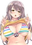  1girl bangle bangs bikini bracelet breasts earrings eyebrows_visible_through_hair gold grey_hair heart heart_earrings heart_necklace jewelry large_breasts lifted_by_self long_hair looking_at_viewer mizuhara_yuu navel open_mouth original scrunchie shirt shirt_lift sidelocks simple_background skindentation solo stomach striped striped_bikini swimsuit upper_teeth white_background wrist_scrunchie yellow_eyes yellow_shirt 