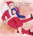  blonde_hair blue_eyes blue_hair couple facial_mark hyuuga_hinata naruto santa santa_costume uzumaki_naruto whisker_markings white_eyes wink 