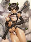  2boys aliori_haberi black_hair breasts brown_eyes cameltoe covered_nipples elbow_gloves gloves greaseberries highres imminent_rape large_breasts looking_at_viewer multiple_boys shiny shiny_skin shirou_masamune short_hair sword weapon 