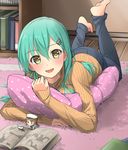  :d alternate_costume barefoot batsubyou blush casual cat denim downscaled error_musume feet_up girl_holding_a_cat_(kantai_collection) green_eyes green_hair hair_ornament hairclip hat kantai_collection long_hair looking_at_viewer lying manga_(object) max_melon md5_mismatch minigirl on_stomach open_mouth pants pillow pillow_hug resized ribbed_sweater sailor_hat sleeves_past_wrists smile solo suzuya_(kantai_collection) sweater turtleneck 