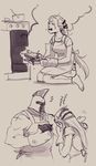  1girl apron chicken_(food) crying diana_(league_of_legends) food gloves helmet holding league_of_legends muscle pantheon_(league_of_legends) scar simple_background sketch stove suqling 
