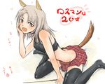  animal_ears black_legwear brave_witches butt_crack edytha_rossmann fox_ears fox_tail hand_on_own_face heart long_hair mishiro_shinza open_mouth pink_eyes plaid plaid_skirt silver_hair skirt solo tail tank_top thighhighs translation_request world_witches_series 