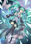  1girl 2d bare_shoulders crying disintegration fading falling glasses green_eyes green_hair hatsune_miku kaito long_hair tears thighhighs twintails very_long_hair vocaloid 