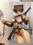  aliori_haberi breasts brown_hair covered_nipples elbow_gloves gloves greaseberries highres large_breasts looking_at_viewer ninja shiny shiny_skin shirou_masamune short_hair skin_tight spandex sword weapon 