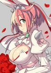 breasts cleavage earrings elphelt_valentine from_side green_eyes grey_background guilty_gear guilty_gear_xrd hairband hiraga_matsuri jewelry large_breasts looking_at_viewer pink_hair puffy_sleeves revision short_hair smile solo spikes upper_body veil 
