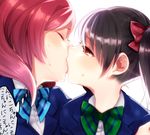  black_hair blazer blue_bow bow bowtie brown_eyes brown_hair closed_eyes etsuo green_bow hair_bow jacket kiss long_hair love_live! love_live!_school_idol_project multiple_girls nishikino_maki otonokizaka_school_uniform profile red_bow red_eyes red_hair school_uniform short_hair sweat thought_bubble translated twintails white_background yazawa_nico yuri 