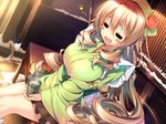  1girl amakano blush breasts brown_hair cup eyes_closed game_cg hoshikawa_koharu large_breasts long_hair piromizu smile 