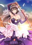  1girl armpits azur_lane bare_shoulders blue_choker blue_gloves blue_wedding_dress blush bridal_veil brown_hair choker collarbone commentary_request diadem dress elbow_gloves eyebrows_visible_through_hair feathers floating_hair flower gloves hair_between_eyes hair_flower hair_ornament head_tilt holding holding_sword holding_weapon horns lace-trimmed_choker lace_trim long_hair looking_at_viewer mikasa_(azur_lane) mouth_hold ougi_(ihayasaka) pink_flower pink_rose ribbon ribbon_in_mouth rose shiny shiny_hair shiny_skin sky sparkle strapless strapless_dress sword veil weapon yellow_eyes 