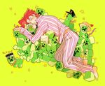  creeper crossover dio_brando fusion hierophant_green jean_pierre_polnareff jojo_no_kimyou_na_bouken joseph_joestar kakyouin_noriaki kuujou_joutarou male_focus mapp_(roomkiel) minecraft mohammed_avdol pajamas red_hair sleeping solo stand_(jojo) 