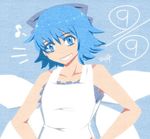  (9) 1girl alternate_costume aoshima bare_shoulders blue_eyes blue_hair bow cirno dress grin hair_bow looking_at_viewer musical_note short_hair smile solo touhou white_dress wings 