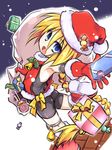  blonde_hair blue_eyes bodysuit boots braid candy christmas food gift girl_with_a_blonde_braid_(tomoshibi_hidekazu) gloves highres lollipop long_hair looking_back open_mouth original red_gloves sack santa_costume smile snow solo tomoshibi_hidekazu 