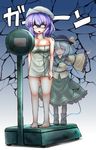  closed_eyes eyeball hat hat_ribbon highres komeiji_koishi letty_whiterock maru_daizu_(aqua6233) multiple_girls naked_towel open_mouth outstretched_arms purple_hair ribbon short_hair silver_hair skirt third_eye touhou towel trolling weighing_scale weight_conscious 