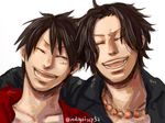  1boys 2boys black_hair brothers duo eyes_closed freckles indigoissy male male_focus monkey_d_luffy multiple_boys necklace one_piece open_mouth open_shirt portgas_d_ace scar shirt siblings simple_background smile teeth white_background 