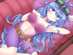 19th_master 1girl armpits artist_request belt blue_eyes blue_hair breasts bule_eyes duel_monster female goggles long_hair looking_at_viewer lying midriff navel on_back shorts slacker_magician solo yu-gi-oh! 