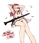 arm_on_head bad_id bad_pixiv_id bare_legs black_panties breasts collared_shirt dated german gun happy_birthday highres long_hair long_sleeves looking_at_viewer lying minna-dietlinde_wilcke navel no_bra on_back open_clothes open_mouth open_shirt panties red_eyes red_hair seedflare shell_casing shirt simple_background small_breasts solo strike_witches translated underwear weapon white_background world_witches_series 