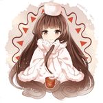  bad_id bad_twitter_id bangs blunt_bangs blush brown_eyes brown_hair capelet cocoa_cookie cookie_run cup curly_hair gloves hat long_hair mery_(apfl0515) mug personification smile snowflakes solo twitter_username very_long_hair white_gloves 