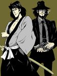  2boys black_hair cigarette facial_hair gun hat ishikawa_goemon_xiii jigen_daisuke lupin_iii multiple_boys pistol revolver weapon 