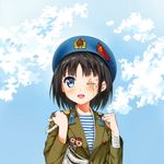  :d bandages beret black_hair blue_eyes clenched_hands cloud commentary day hammer_and_sickle hat injury kantoku_(style) medal military military_uniform one-eyed open_mouth original phanc scar short_hair sky smile solo soviet stitches striped telnyashka uniform vdv 