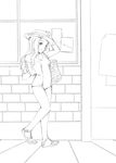  greyscale hat jason_(kaiten_kussaku_kikou) lineart long_hair monochrome original sandals school_swimsuit smile solo swimsuit walking white_background 