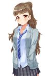  bangs blazer blush brown_hair hands_in_pockets idolmaster idolmaster_cinderella_girls jacket kamiya_nao long_hair long_sleeves loose_necktie necktie plaid plaid_skirt pleated_skirt ponytail red_eyes school_uniform shirt skirt solo standing white_background white_shirt yamamoto_shima 