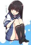  bangs black_hair black_legwear blouse blue_skirt blunt_bangs blush brown_eyes haruyuki_(yukichasoba) hatsuyuki_(kantai_collection) hime_cut kantai_collection kneehighs knees_up legs_together long_hair neckerchief no_shoes open_mouth panties pantyshot pantyshot_(sitting) pleated_skirt sailor_collar school_uniform serafuku sitting skirt solo underwear white_panties 