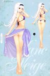  absurdres armlet ass bare_legs barefoot bikini blanc_neige from_behind full_body hairband highres long_hair long_legs looking_back purple_bikini sarong scan shining_(series) shining_hearts side-tie_bikini smile solo string_bikini swimsuit tanaka_takayuki thong_bikini white_hair 