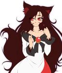  animal_ears blush brooch brown_hair dress fur imaizumi_kagerou jewelry long_hair long_sleeves mazume red_eyes simple_background smile solo tail touhou very_long_hair white_background wolf_ears wolf_tail 