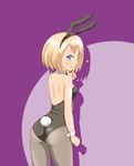  a-ktoo ass bare_shoulders blonde_hair blue_eyes blush bunny_tail bunnysuit from_behind heart pantyhose short_hair smile solo tail wrist_cuffs 