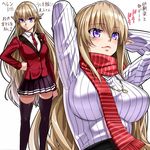 arms_up between_breasts blazer blonde_hair blush breasts elf hand_on_hip jacket jewelry large_breasts long_hair necklace necktie necktie_between_breasts nyamota original pink_eyes pointy_ears red_neckwear ribbed_sweater scarf school_uniform sweater thighhighs translation_request very_long_hair zettai_ryouiki 