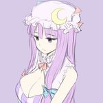  bare_arms breasts cleavage colorized crescent expressionless eyelashes hair_ribbon hat hat_ribbon large_breasts long_hair mob_cap patchouli_knowledge purple_background purple_eyes purple_hair ribbon sidelocks simple_background sketch solo touhou upper_body zaxwu 