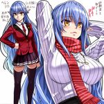  arms_up between_breasts blazer blue_hair blush breasts elf hand_on_hip jacket jewelry large_breasts long_hair necklace necktie necktie_between_breasts nyamota original pointy_ears red_neckwear scarf school_uniform sweater thighhighs very_long_hair yellow_eyes zettai_ryouiki 