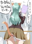  anal anal_beads anal_object_insertion anal_tail animal_ears aqua_hair ass cat_ears cat_tail censored comiket doujinshi fake_tail from_behind kantai_collection long_hair mikagami_sou no_panties object_insertion pussy school_uniform skirt skirt_lift solo suzuya_(kantai_collection) table tail thighhighs translation_request trembling 