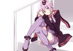  blush hair_ornament head_tilt hiraga_matsuri hood hoodie long_hair looking_at_viewer low_twintails purple_eyes purple_hair purple_legwear ribbed_legwear sitting smile solo stairs thighhighs twintails vocaloid voiceroid yuzuki_yukari 