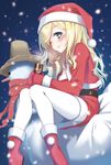  ankle_boots blonde_hair blue_eyes blush boots bouzu_(bonze) can carrot christmas fur_boots hat long_hair long_sleeves looking_at_viewer mittens one_eye_covered original pantyhose red_footwear sack santa_boots santa_costume santa_hat scarf sitting smile snowing snowman solo steam white_legwear 