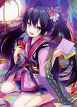  :d absurdres black_hair blue_eyes hair_ornament highres holding japanese_clothes kimono kimono_skirt lampion long_hair looking_at_viewer nyori open_mouth origami original paper_crane sitting smile solo twintails very_long_hair wariza 