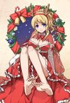  adapted_costume antlers ayase_eli bare_legs barefoot blonde_hair blue_eyes breasts capelet christmas cleavage elbow_gloves gloves hairband highres large_breasts light_smile looking_at_viewer love_live! love_live!_school_idol_project md5_mismatch off_shoulder parted_lips ponytail reindeer_antlers santa_costume short_ponytail sindre sitting solo thighs white_gloves 