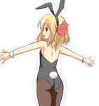  a-ktoo ass blonde_hair bunnysuit from_behind highres open_mouth outstretched_arms pantyhose red_eyes rumia short_hair simple_background smile solo touhou 
