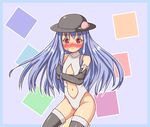  a-ktoo blue_hair blush elbow_gloves food fruit gloves hat hinanawi_tenshi long_hair looking_at_viewer navel navel_cutout peach red_eyes solo thighhighs touhou very_long_hair 