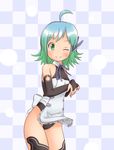  a-ktoo blush checkered checkered_background dream_c_club dream_c_club_(series) green_eyes green_hair looking_at_viewer one_eye_closed short_hair smile solo 