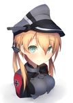  1girl anchor_hair_ornament aqua_eyes blonde_hair breasts bust hair_ornament hat highres kantai_collection long_hair looking_at_viewer low_twintails metindone peaked_cap prinz_eugen_(kantai_collection) smile solo twintails upper_body white_background 